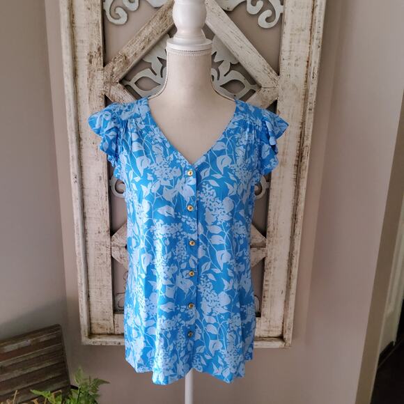 Kiwi Fresh Women's Cap Ruffle Sleeve Button Front Top Blouse in Blue Floral - Picture 2 of 8